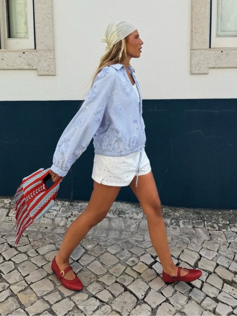 Light Blue Embroidered Bomber Jacket